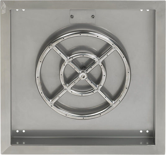 Top view of the American Fire Products 18 inch stainless steel square drop-in fire pit pan with included 12 inch fire ring burner