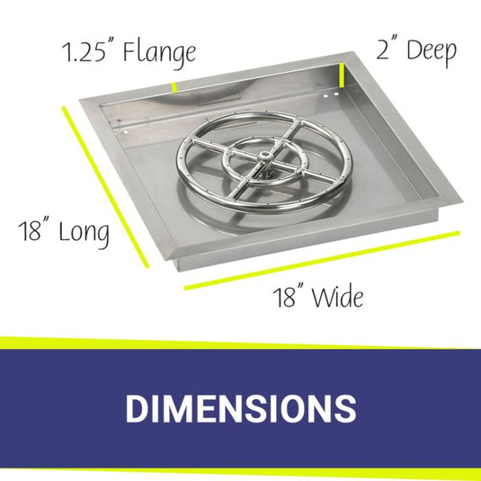 American Fire Products 18 inch stainless steel square drop-in fire pit pan with 12 inch ring burner dimensions