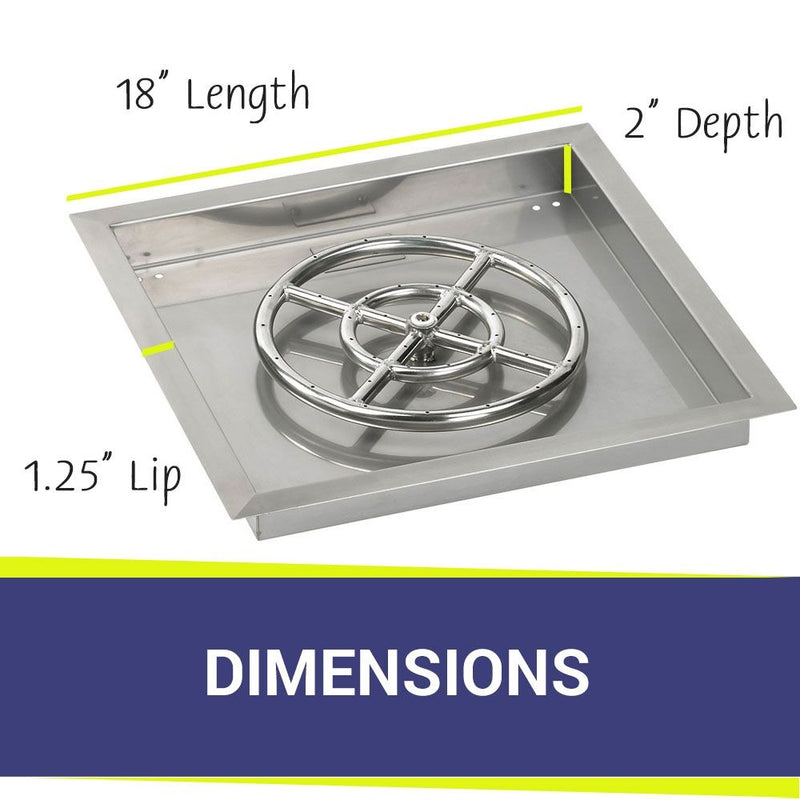 Load image into Gallery viewer, Dimensions of American Fire Products 18 Inch Square Stainless Steel Drop-In Pan with 12 Inch Stainless Steel Ring Burner
