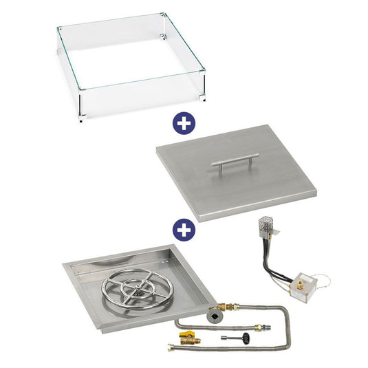 American Fire Products 18 inch square stainless steel drop-in fire pit pan with AWEIS electronic ignition system 12 inch ring burner natural gas bundle with flame guard and burner cover