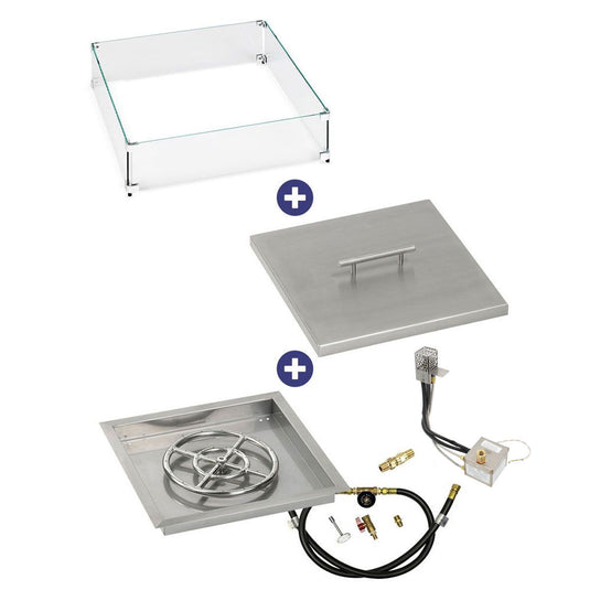 American Fire Products 18 inch square stainless steel drop-in fire pit pan with AWEIS electronic ignition system 12 inch ring burner whole house propane bundle with flame guard and burner cover