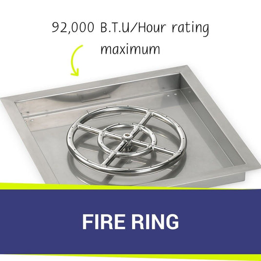 American Fire Products 18 inch square drop-in fire pit pan with spark ignition kit and 12 inch fire pit ring featuring 92000 BTU per hour maximum heat rating stainless steel burner system for outdoor fire pits