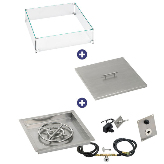 American Fire Products 18 inch square drop in fire pit pan with spark ignition kit and 12 inch fire pit ring natural gas bundle with flame guard and burner cover