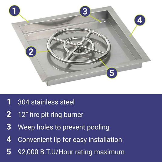 American Fire Products 18 inch stainless steel square drop-in fire pit pan with 12 inch fire ring burner featuring 304 stainless steel construction, built-in weep holes, convenient installation lip, and 92000 BTU maximum heat output