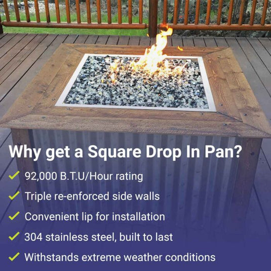 American Fire Products 18 inch stainless steel square drop-in fire pit pan with 12 inch fire ring featuring 92000 BTU maximum heat output, triple reinforced side walls, convenient installation lip, 304 stainless steel construction, and weather-resistant performance