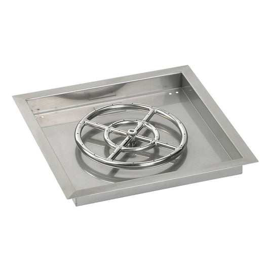 American Fire Products 18 inch square stainless steel drop-in fire pit pan with 12 inch stainless steel fire pit ring burner for custom outdoor fire pits