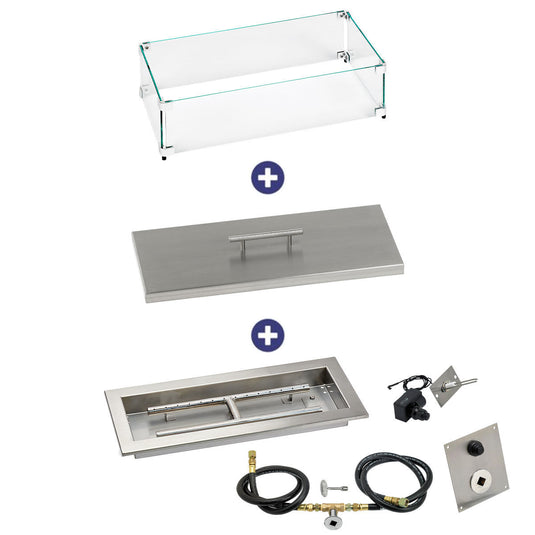 American Fire Products 18 inch x 6 inch Rectangular Drop-In Fire Pit Pan with Spark Ignition Kit Natural Gas Bundle with flame guard and stainless steel burner cover