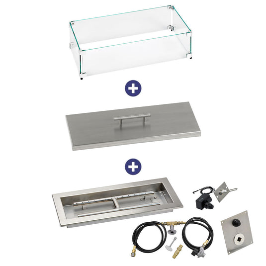 American Fire Products 18 inch x 6 inch Rectangular Drop-In Fire Pit Pan with Spark Ignition Kit Propane Bundle with flame guard and stainless steel burner cover