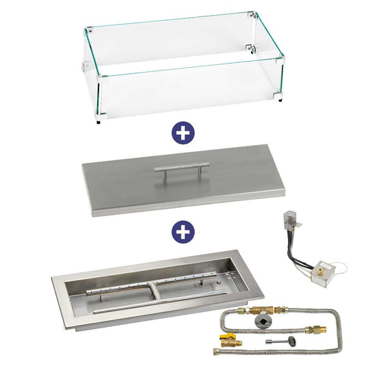 American Fire Products 18 inch x 6 inch Rectangular Stainless Steel Drop-In Fire Pit Pan with AWEIS System Natural Gas Bundle with flame guard and burner cover