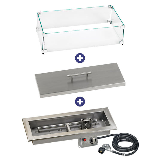 American Fire Products 18 inch x 6 inch Rectangular Stainless Steel Drop-In Fire Pit Pan with Electric Ignition System CSA Certified Bundle with flame guard and burner cover