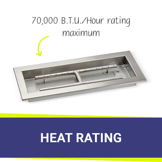 American Fire Products 18x6 rectangular drop-in fire pit pan with 70000 BTU per hour maximum heat rating stainless steel burner system for outdoor fire pits