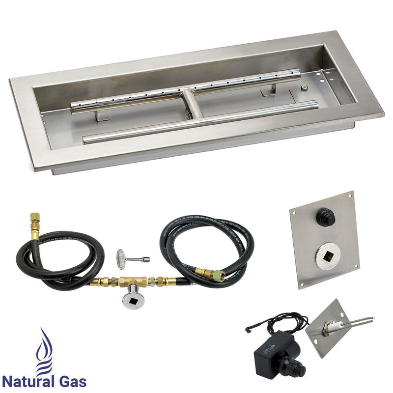 Load image into Gallery viewer, American Fire Products 18 x 6 inch rectangular stainless steel drop-in fire pit pan with natural gas spark ignition kit featuring built-in H-burner and push-button ignition
