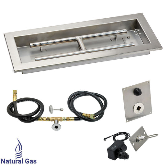 American Fire Products 18 x 6 inch rectangular stainless steel drop-in fire pit pan with natural gas spark ignition kit featuring built-in H-burner and push-button ignition
