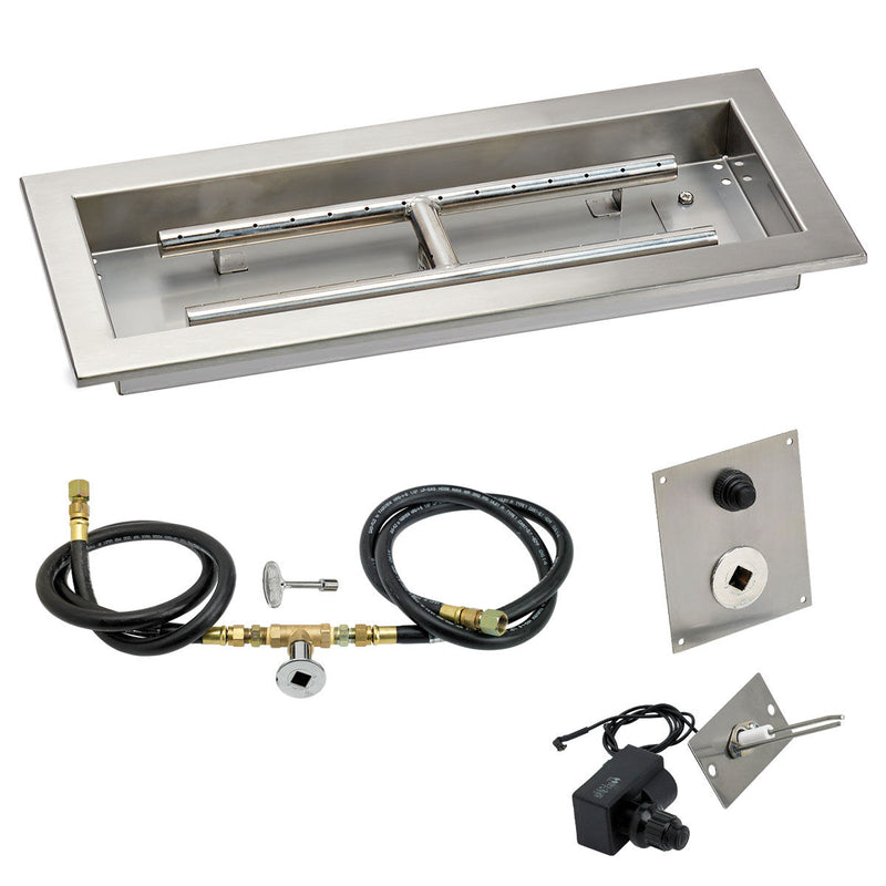Load image into Gallery viewer, American Fire Products 18 x 6 inch rectangular stainless steel drop-in fire pit pan with natural gas spark ignition kit featuring built-in H-burner and push-button ignition
