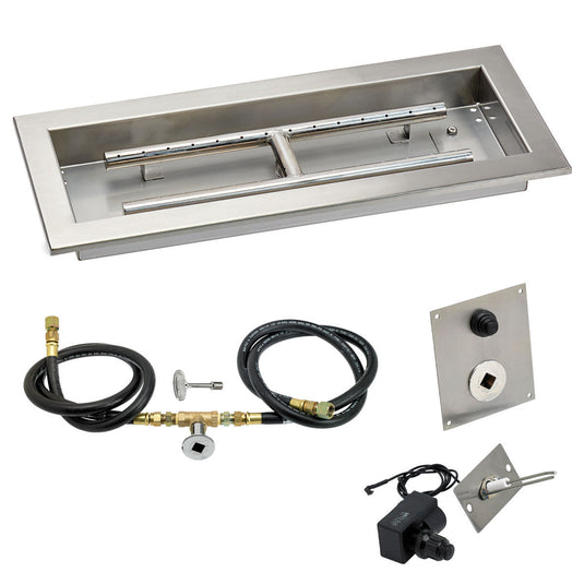 American Fire Products 18 x 6 inch rectangular stainless steel drop-in fire pit pan with natural gas spark ignition kit featuring built-in H-burner and push-button ignition