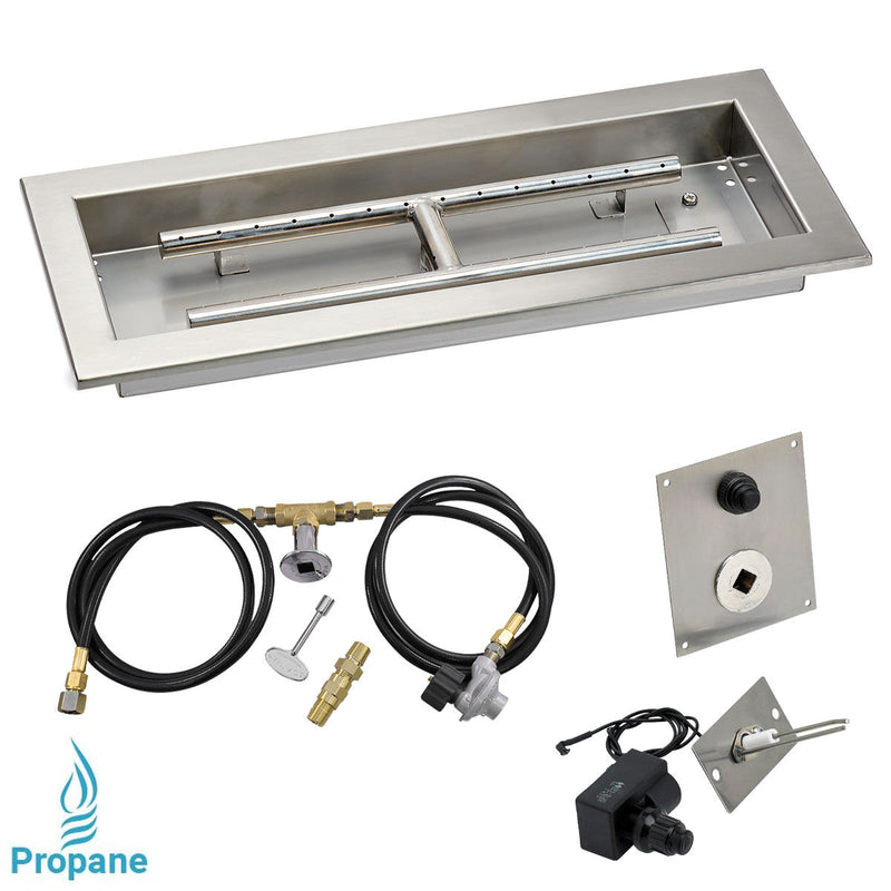 Load image into Gallery viewer, American Fire Products 18 x 6 inch rectangular stainless steel drop-in fire pit pan with propane spark ignition kit featuring built-in H-burner, regulator, and air mixer
