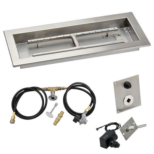 American Fire Products 18 x 6 inch rectangular stainless steel drop-in fire pit pan with propane spark ignition kit featuring built-in H-burner, regulator, and air mixer