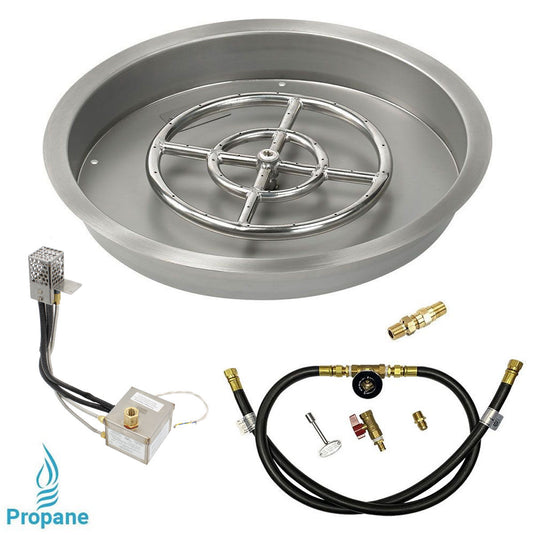 American Fire Products 19 Inch Round Stainless Steel Drop-In Pan with 12 Inch Fire Pit Ring Burner and AWEIS Electronic Ignition System for Whole House Propane Fire Pits