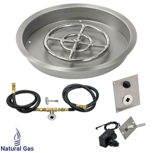 American Fire Products 19 inch round stainless steel drop-in fire pit pan with 12 inch ring burner and natural gas spark ignition kit for outdoor fire pits