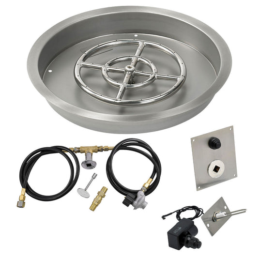 American Fire Products 19 inch round stainless steel drop-in fire pit pan with 12 inch ring burner and propane spark ignition kit for outdoor fire pits