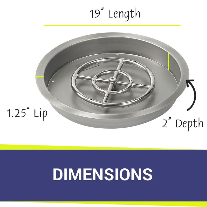 Load image into Gallery viewer, Dimensions of American Fire Products 19 Inch Round Stainless Steel Drop-In Burner Pan with 12 Inch Stainless Steel Ring Burner
