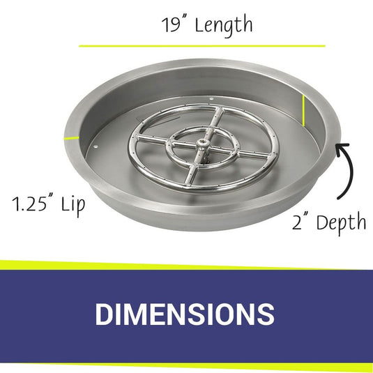 Dimensions of American Fire Products 19 Inch Round Stainless Steel Drop-In Burner Pan with 12 Inch Stainless Steel Ring Burner