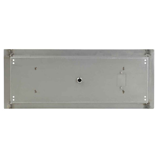 Bottom view of American Fire Products 24 inch by 8 inch stainless steel rectangular drop-in fire pit pan showing built-in 1/2 inch gas inlet