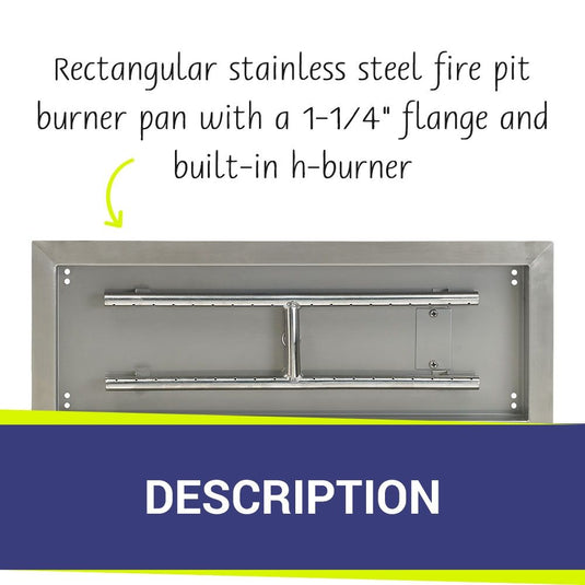 American Fire Products 48 inch by 14 inch stainless steel rectangular fire pit pan with a 1-1/4 inch flange and built-in H-burner