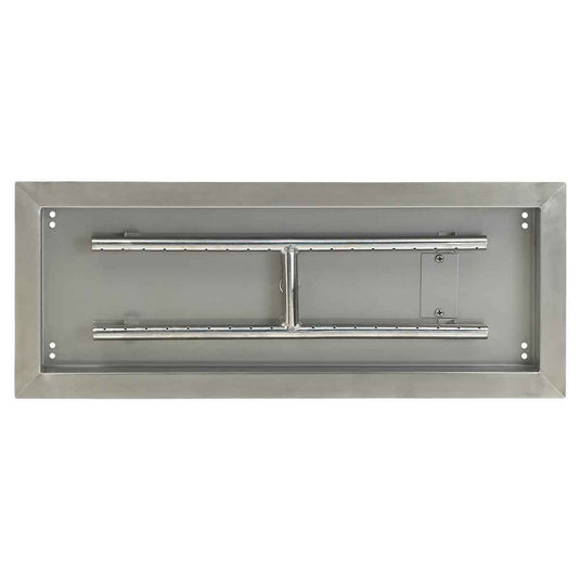 Top view of American Fire Products 24 inch by 8 inch stainless steel rectangular drop-in fire pit pan with built-in H-burner