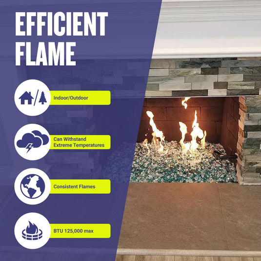 American Fire Products 24 inch H-style burner providing efficient consistent flames in indoor outdoor fireplace with fire glass and 125000 BTU heat output