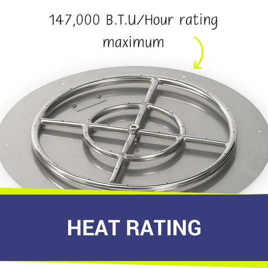 American Fire Products 24 inch round stainless steel flat pan with 18 inch fire ring highlighting the 147,000 BTU maximum heat rating for powerful and even flame performance.