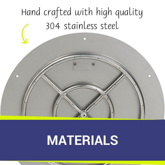 American Fire Products 24 inch round stainless steel flat pan with 18 inch fire ring highlighting handcrafted 304 stainless steel construction for long-lasting durability and performance.