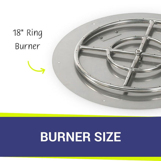American Fire Products 24 inch round stainless steel flat fire pit pan highlighting the included 18 inch fire ring burner size.
