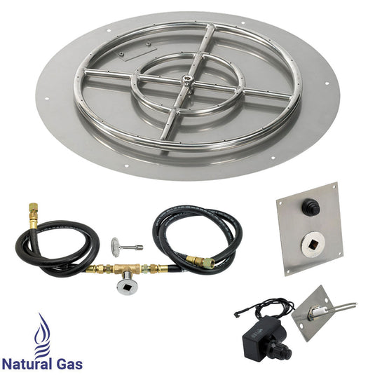 American Fire Products 24 inch round flat stainless steel fire pit pan with 18 inch ring burner and natural gas spark ignition kit