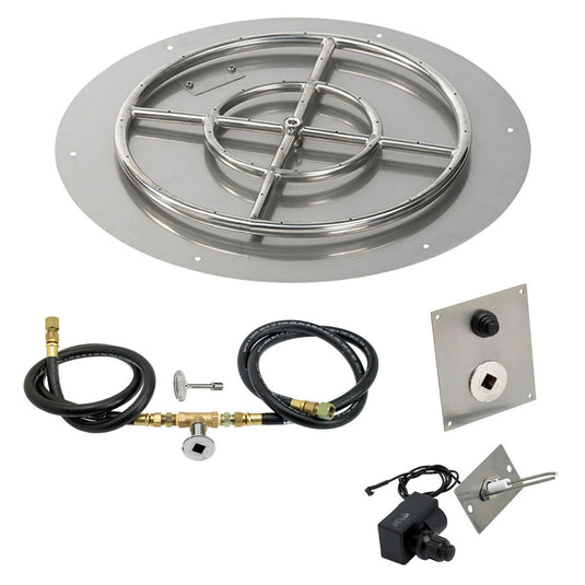 American Fire Products 24 inch round flat stainless steel fire pit pan with 18 inch ring burner and natural gas spark ignition kit