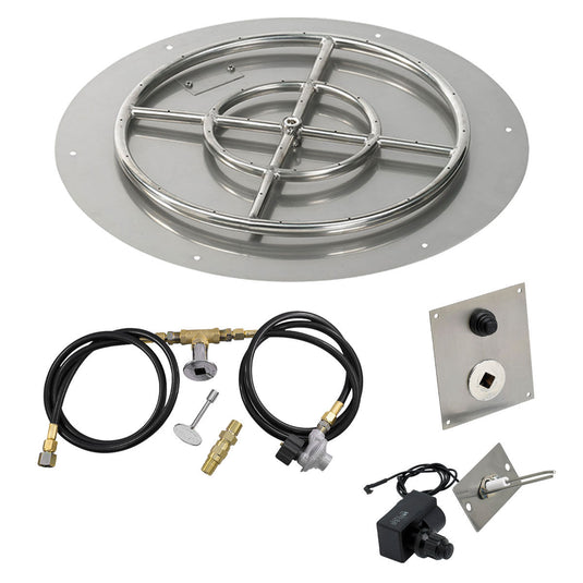 American Fire Products 24 inch round flat stainless steel fire pit pan with 18 inch ring burner and propane spark ignition kit