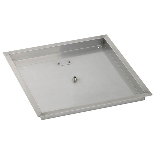 Top view of the American Fire Products 24 inch stainless steel square drop-in fire pit pan showing handcrafted 304 stainless steel construction without included ring burner