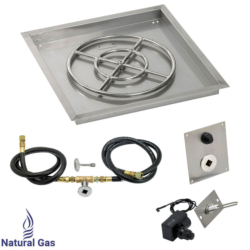 Load image into Gallery viewer, American Fire Products 24 inch square stainless steel drop-in fire pit pan with 18 inch fire pit ring burner and natural gas spark ignition kit
