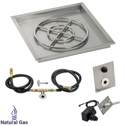 American Fire Products 24 inch square stainless steel drop-in fire pit pan with 18 inch fire pit ring burner and natural gas spark ignition kit