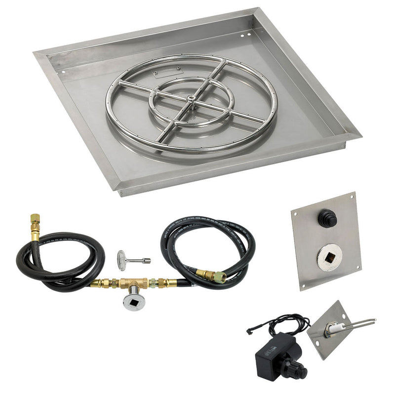 Load image into Gallery viewer, American Fire Products 24 inch square stainless steel drop-in fire pit pan with 18 inch fire pit ring burner and natural gas spark ignition kit
