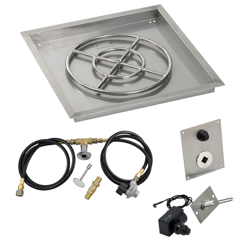Load image into Gallery viewer, American Fire Products 24 inch square stainless steel drop-in fire pit pan with 18 inch fire pit ring burner and propane spark ignition kit

