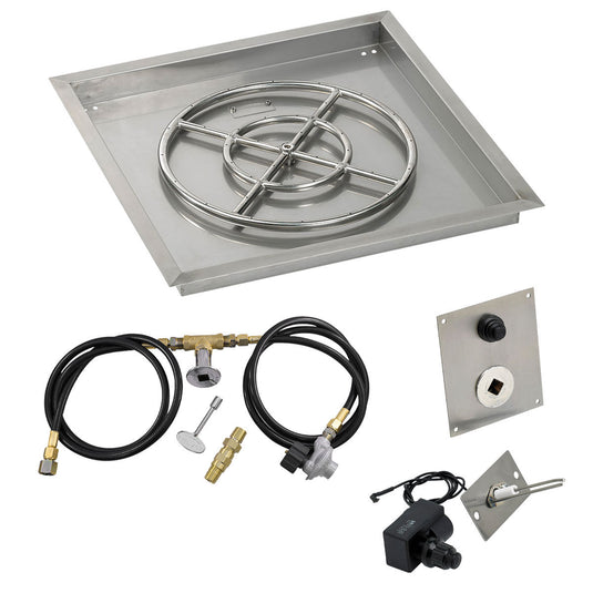 American Fire Products 24 inch square stainless steel drop-in fire pit pan with 18 inch fire pit ring burner and propane spark ignition kit