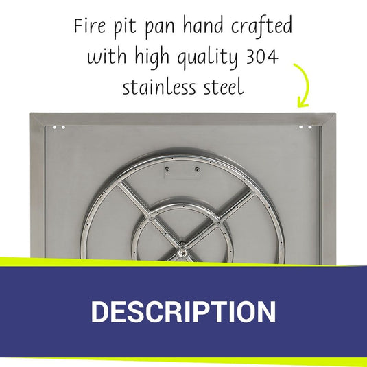 American Fire Products 24 inch stainless steel square drop-in fire pit pan with 18 inch fire ring, handcrafted from high quality 304 stainless steel