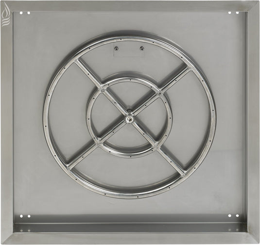 Top view of the American Fire Products 24 inch stainless steel square drop-in fire pit pan with included 18 inch fire ring burner