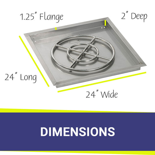 American Fire Products 24 inch stainless steel square drop-in fire pit pan with 18 inch ring burner dimensions