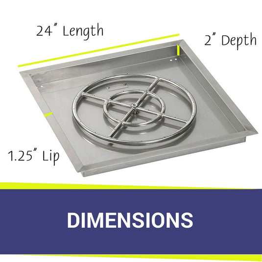 Dimensions of American Fire Products 24 Inch Square Stainless Steel Drop-In Pan with 18 Inch Stainless Steel Ring Burner