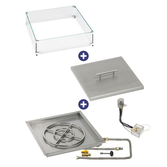 American Fire Products 24 inch square stainless steel drop-in fire pit pan with AWEIS electronic ignition system 18 inch ring burner natural gas bundle with flame guard and cover