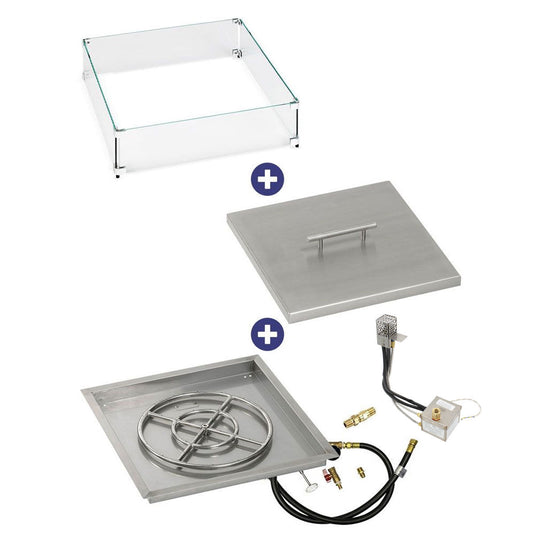 American Fire Products 24 inch square stainless steel drop-in fire pit pan with AWEIS electronic ignition system 18 inch ring burner whole house propane bundle with flame guard and cover