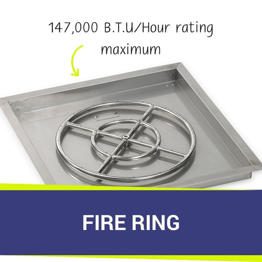 American Fire Products 24 inch square drop-in fire pit pan with spark ignition kit and 18 inch fire pit ring featuring 147000 BTU per hour maximum heat rating stainless steel burner system for outdoor fire pits