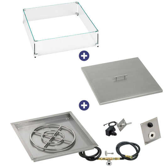 American Fire Products 24 inch square drop-in fire pit pan with 18 inch ring burner spark ignition kit natural gas bundle with flame guard and burner cover
